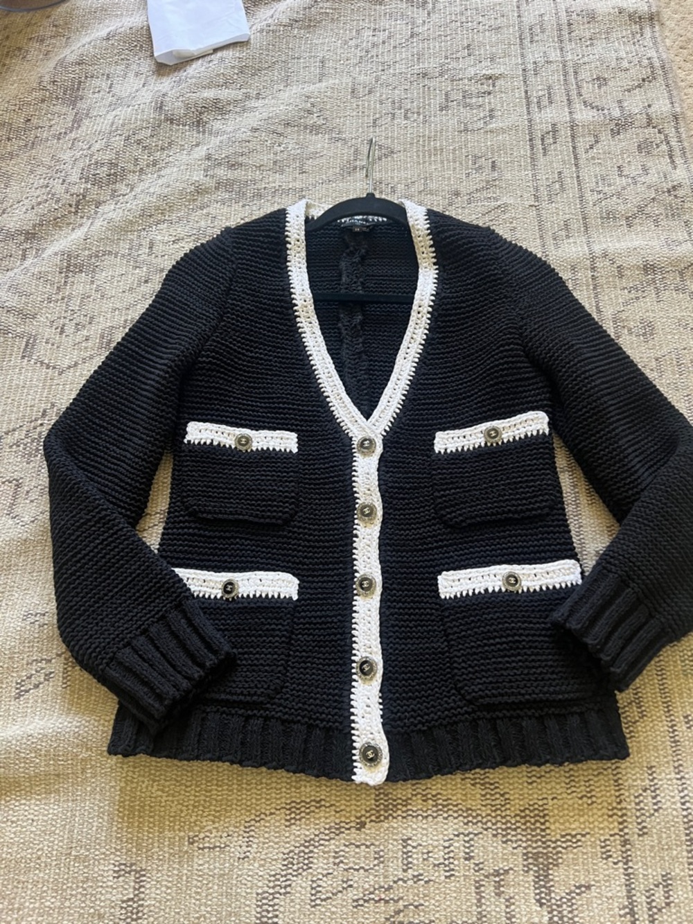 Black Knit Cardigan with White Trim - Classic Contrast Jacket - Picture 11 of 11
